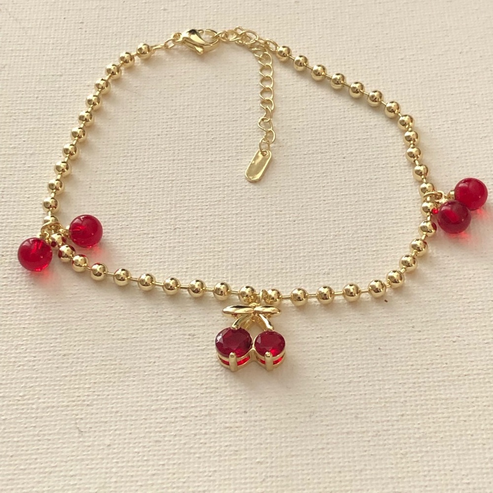 Gold Cherry Charm Bracelet with Red Accents